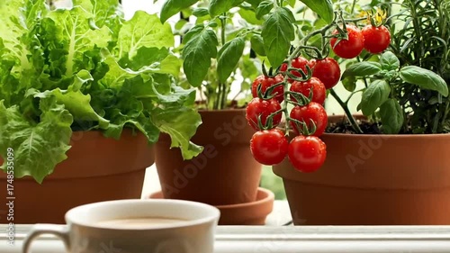 Bright Window Garden Featuring Tomato Plants Lettuce And Herbs With Terra Cotta Pots And Morning Tea Creating A Tranquil Indoor Scene