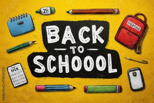 Bright back-to-school design featuring educational supplies on a vibrant yellow background