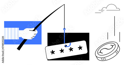 Hand holding fishing rod with password bait on hook, falling coin representing financial damage. Ideal for cyber risk, hacking, internet fraud, phishing awareness, data safety, online threats, simple
