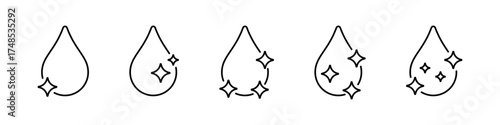Linear sparkling water droplets icon set for design and decoration