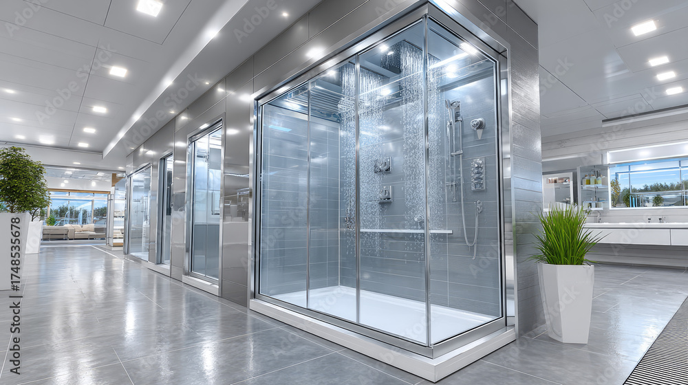 Fototapeta premium glass shower enclosures in plumbing department of building hypermarket, elegant modern design with chrome frames and transparent doors