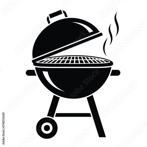 Black barbecue grill with open lid and smoke icon cooking