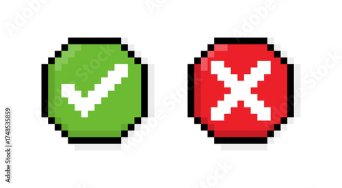 Retro pixel art green check and red cross icons for design projects