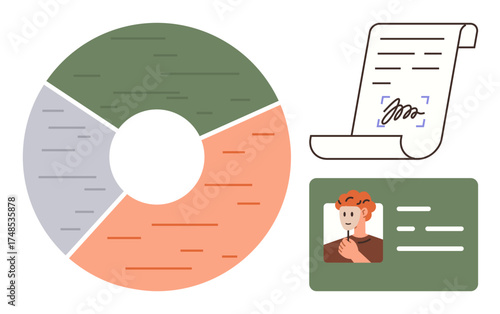 Circular pie chart, signed document with signature, and ID card with photo. Ideal for data analysis, workflow, contracts, identity verification, teamwork, business strategy simple flat metaphor