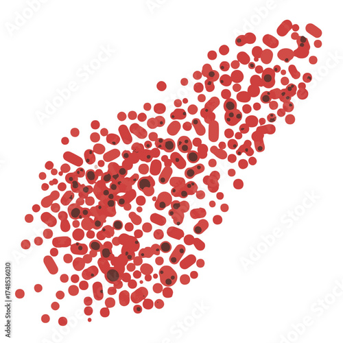 Abstract scattering of red dots and ellipses on a white background.