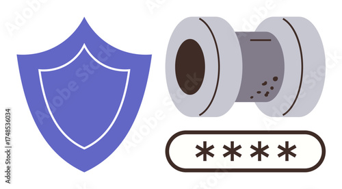 Blue protective shield, secure password with asterisks, and a secure lock symbolizing data protection. Ideal for cybersecurity, privacy, digital safety, encryption, secure access, technology