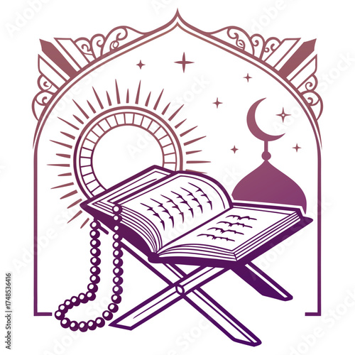 Gradient vector design of an open Quran with prayer beads, glowing halo effect, and a decorative arch backdrop. Elegant and spiritual design.