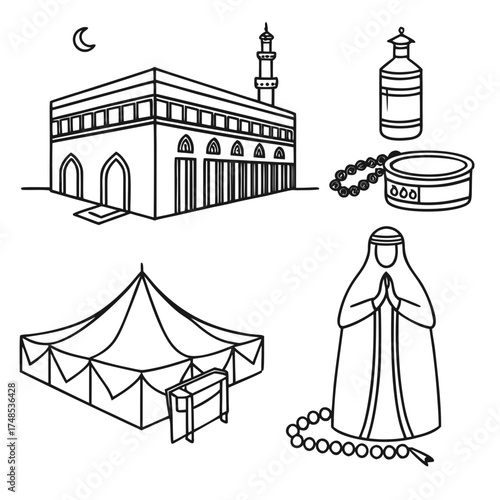 Minimal line art vector set of Hajj and Umrah elements: Kaaba, Ihram clothes, prayer beads, water container (Zamzam), and Mina tents.