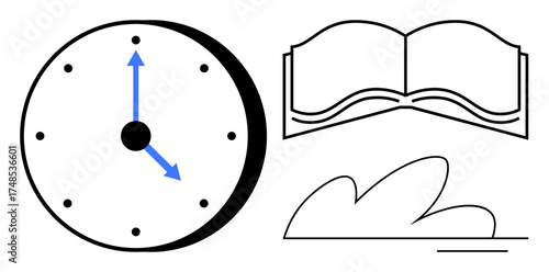 Clock with arrows representing time, an open book symbolizing learning, and an abstract cloud shape for creativity. Ideal for time management, education, productivity, innovation, imagination