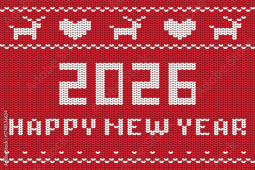2026 Happy New Year Knitted Red Sweater Background. Festive knitted “Happy New Year 2026” pattern with deer, snowflakes, and hearts on a cozy red textile. Perfect for winter greeting cards