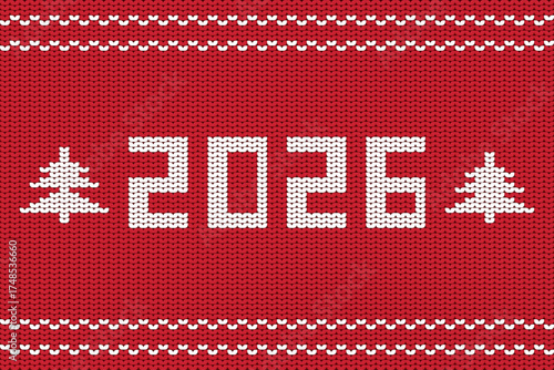 2026 Knitted Christmas Tree Design on Red Sweater Background. Knitted pattern with Christmas trees and “2026” text. Warm holiday illustration on a red wool texture. Perfect for winter-themed cards