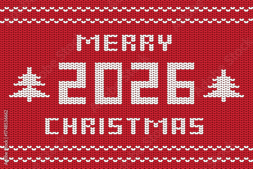 Merry Christmas 2026 Knitted Red Sweater Background. Festive knitted pattern with “Merry Christmas 2026” text on a red wool texture. Cozy holiday design inspired by winter sweaters. 
