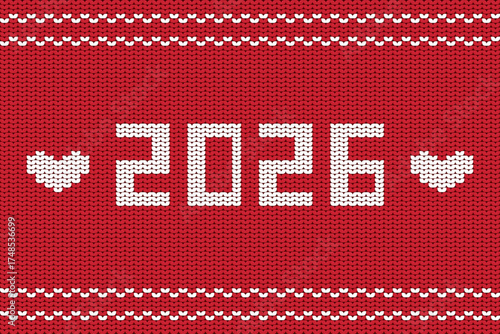 2026 Knitted Heart Design on Red Sweater. Cozy red knitted pattern with hearts and “2026” text. Romantic and festive design ideal for Christmas, New Year, or Valentine’s Day themes.