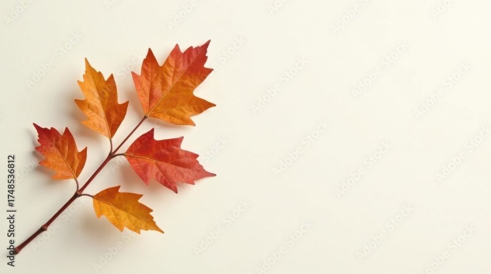 Fototapeta premium Autumnal Branch with Vibrant Red and Orange Leaves on a Smooth, Off-White Background, Perfect for Seasonal Designs and Fall-Themed Projects
