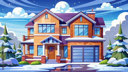 Very beautiful new modern duplex house with light snow in suburban neighborhood under cloudy sky, vector-style illustration ideal for real estate and architectural design.