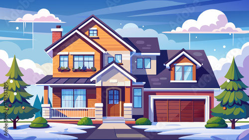 Very beautiful new modern duplex house with light snow in suburban neighborhood under cloudy sky, vector-style illustration ideal for real estate and architectural design.
