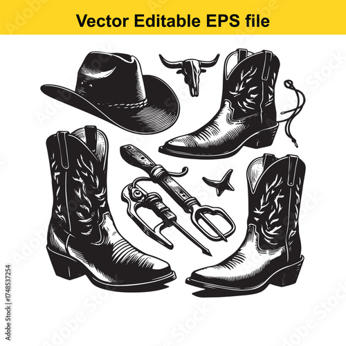 Vector art of a cowboy hat, boots, bull horns, and lasso, representing western or rodeo themes