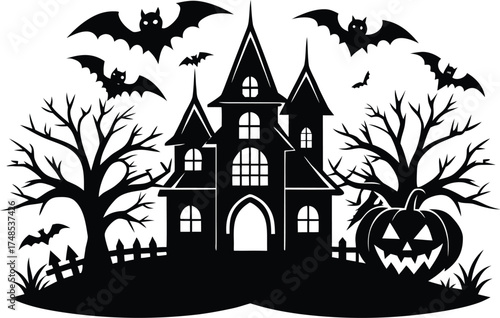 Halloween, vector illustration vector art of a spooky haunted house silhouette with bats flying around, perfect for halloween themed designs and decorations	