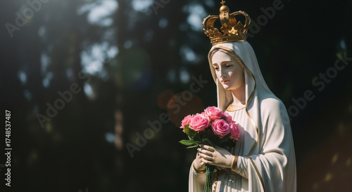serene statue of virgin mary wearing crown and holding pink roses. sunlight creates divine, peaceful glow. symbol of faith and spirituality. banner, poster.