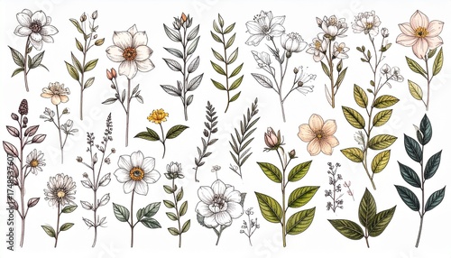 Botanical Illustration of Flowers and Leaves on White Background