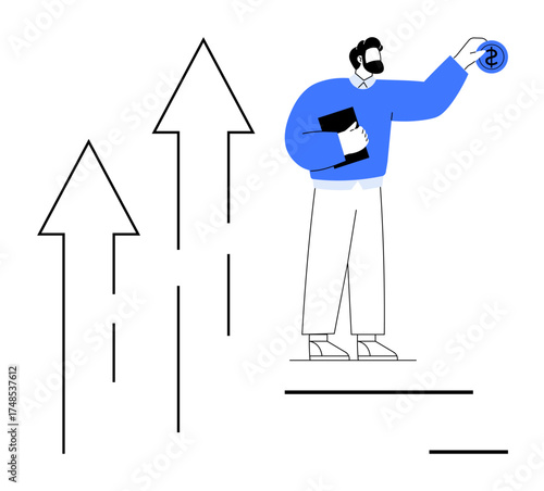 Man in blue sweater holding dollar coin, standing near three upward arrows. Ideal for finance, investment, growth, business strategy, success, motivation, entrepreneurship simple flat metaphor