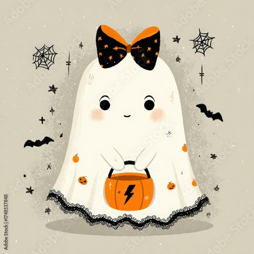 Happy halloween A cute cartoon ghost with a bow, holding a pumpkin basket, surrounded by bats and spiders, Ideal for Halloween-themed projects, children's books, or festive decorations,