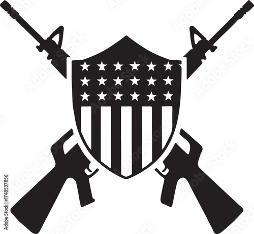 Silhouette vector of crossed rifles with American flag emblem symbolizing military honor and service.