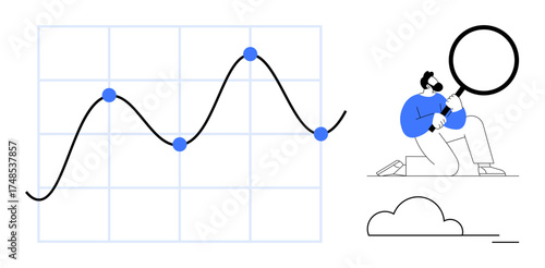 Analyst studies graph with data points, identifying trends and insights. Ideal for analytics, research, strategy, growth, reporting, problem-solving education. Minimalist flat metaphor