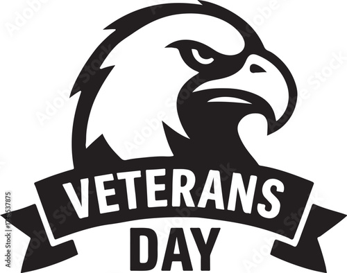 Silhouette vector of eagle head emblem with Veterans Day ribbon honoring service and patriotism.