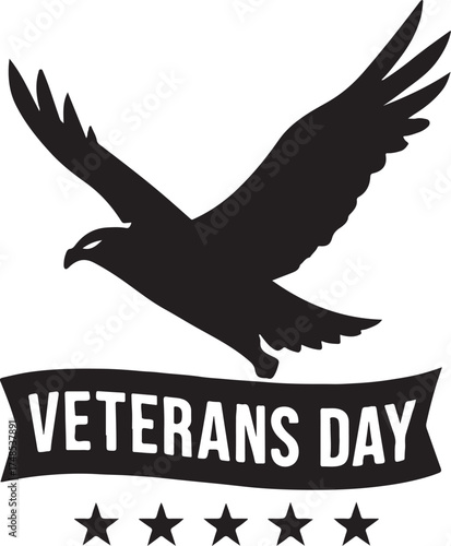 Silhouette vector of eagle with banner “Veterans Day” icon symbolizing honor and patriotic pride.