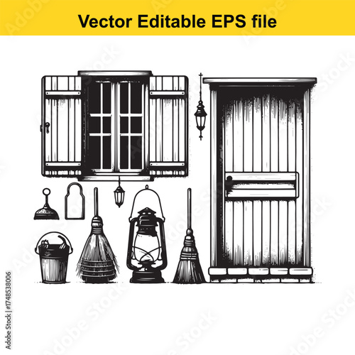 Vector art of set of vintage and rustic home elements including a wooden door, window with shutters, lanterns, brooms, and a bucket