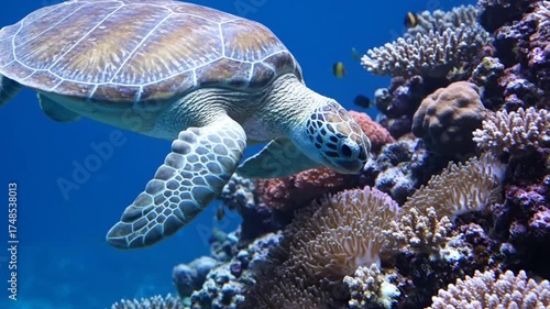 Sea Turtle Swimming in Ocean Near Coral Reefs with Vibrant Marine Life Under Clear Blue Water Sunlight Filtering Through