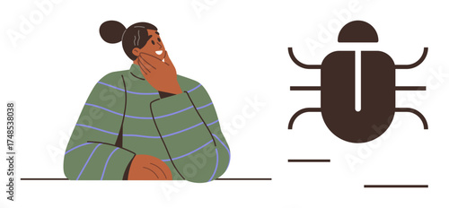 Thoughtful person resting chin on hand next to bug icon, representing problem-solving, debugging, software errors, or critical thinking. Ideal for technology, troubleshooting, innovation, analysis