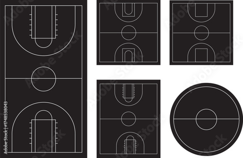 Minimalist Basketball Court Diagram Set Black Background Layouts Vector Illustration