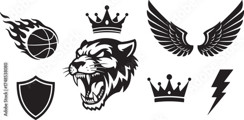 Basketball Sports Elements Flaming Ball Panther Crown Wings Shield Lightning