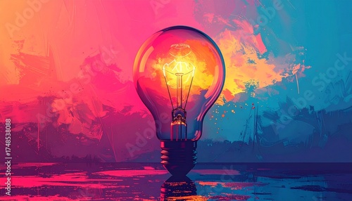 Glowing Light Bulb on Abstract Colorful Background