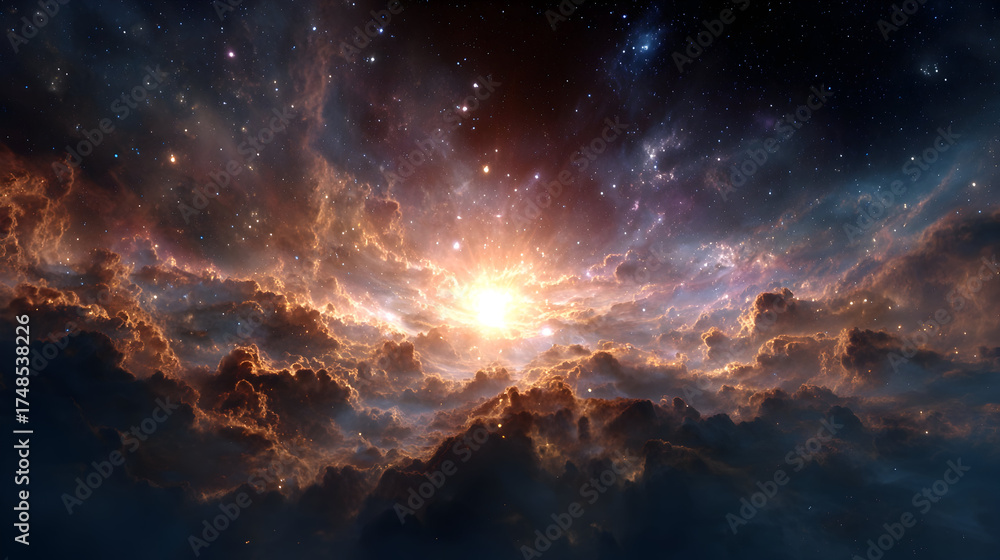 Fototapeta premium Majestic cosmic nebula and radiant starlight explosion in deep space