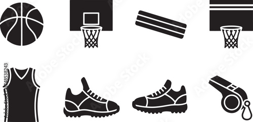 Basketball Gear Icons Ball Hoop Jersey Shoes Whistle Sports Equipment Set