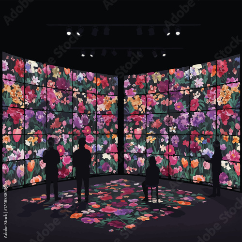 Immersive Floral Digital Art Installation with People Viewing.