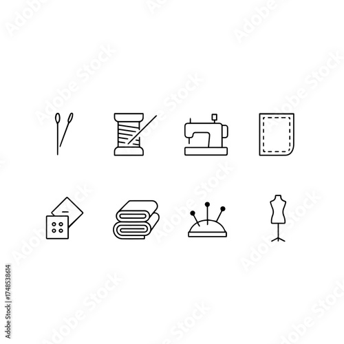 Minimalist Sewing Icons – Needles, Thread, Machine, Fabric, Button, Pincushion, and Mannequin