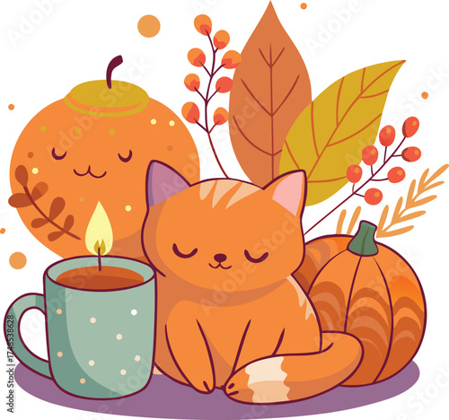 Sleepy Cat and Candle – Autumn Hygge Illustration