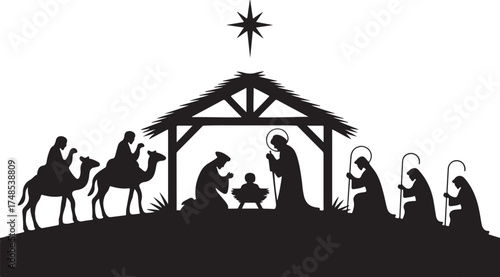 Nativity scene silhouette Jesus in manger, shepherd and wise men. Christmas story Mary Joseph and baby Jesus in nursery. The birth of Christ with Bethlehem star, vector illustration