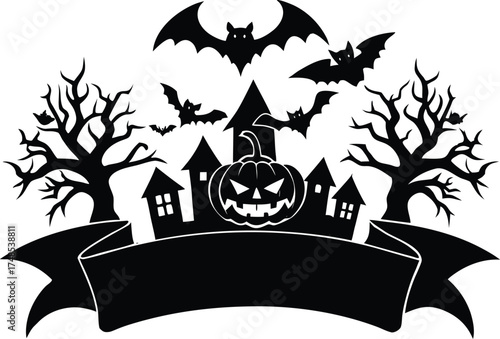 Halloween vector art of halloween themed illustration showcasing a grinning pumpkin, a spider, and a larger spider, all above a banner with the word halloween in a dripping font	