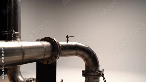 Metal Pipes with Valves and Flanges on a Neutral Background in Studio Lighting Construction and Manufacturing Detail