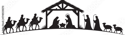 Nativity scene silhouette Jesus in manger, shepherd and wise men. Christmas story Mary Joseph and baby Jesus in nursery. The birth of Christ with Bethlehem star, vector illustration