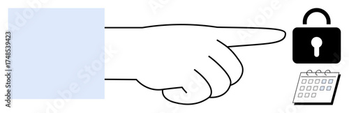 Hand gesture points to lock and calendar, emphasizing security, access control, and scheduling. Ideal for data protection, privacy, time management, organization, deadlines cybersecurity simple