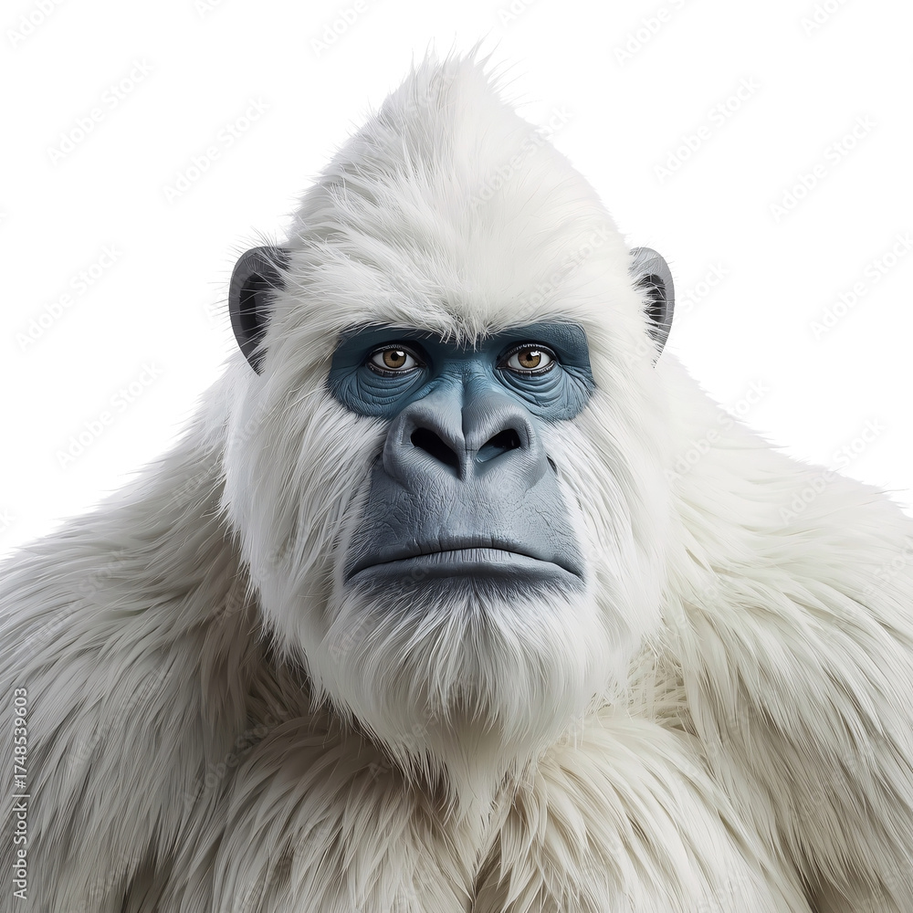 Obraz premium Majestic yeti portrait with soft white fur and piercing gaze, an icon of folklore and winter wilderness, perfect for adventure and mythical storytelling projects.