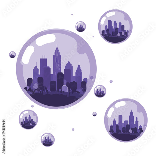Cityscape Silhouette Inside Bubbles.