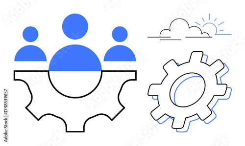 Three team members over a cogwheel, with clouds and sunlight. Ideal for collaboration, problem-solving, innovation, leadership, teamwork, productivity and growth. Simple flat metaphor