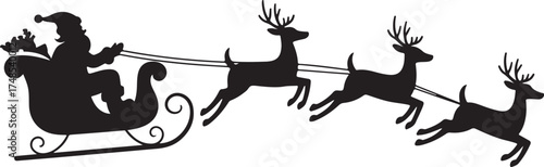 Santa Claus on sleigh flying sky with reindeers black vector silhouette on white background. illustration design for winter holiday decoration, Christmas greeting card and Happy new year